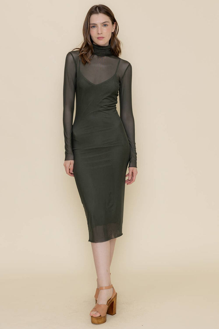 BODYCON MOCK NECK MESH LONG SLEEVE MIDI DRESS