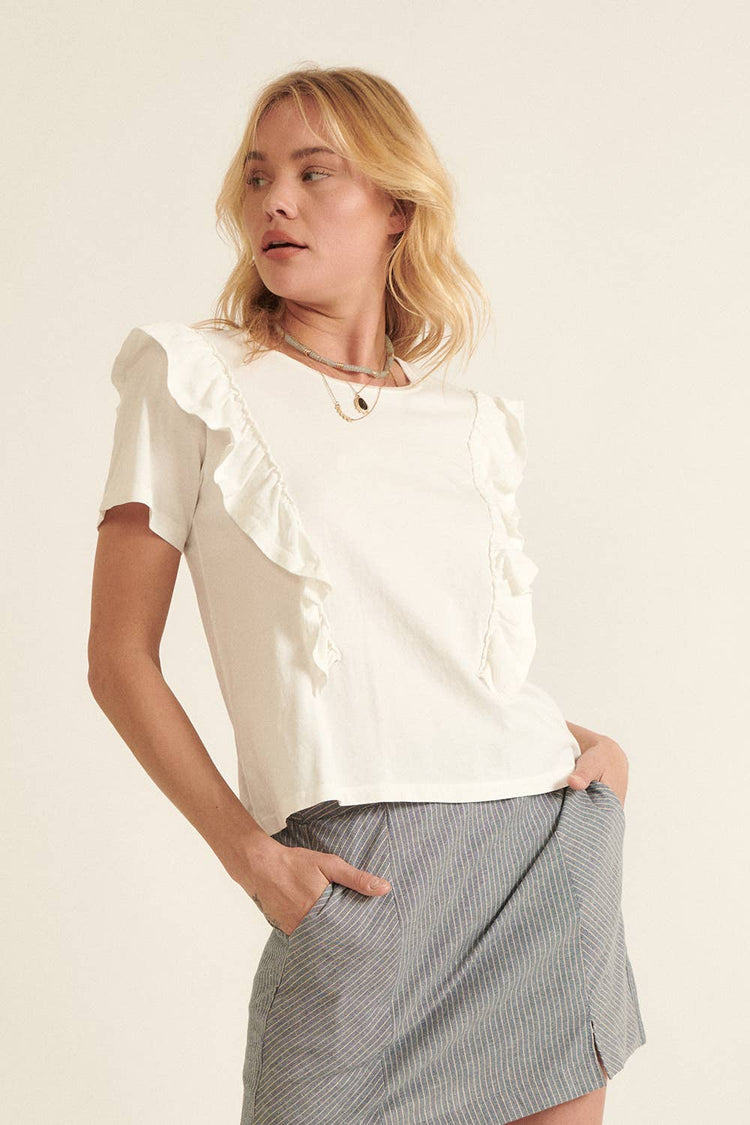 Solid Knit Ruffle-Trim Short Sleeve Top