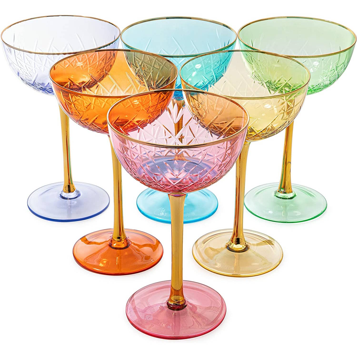 Colored Coupe Art Deco Glasses, Gold, Set of 4