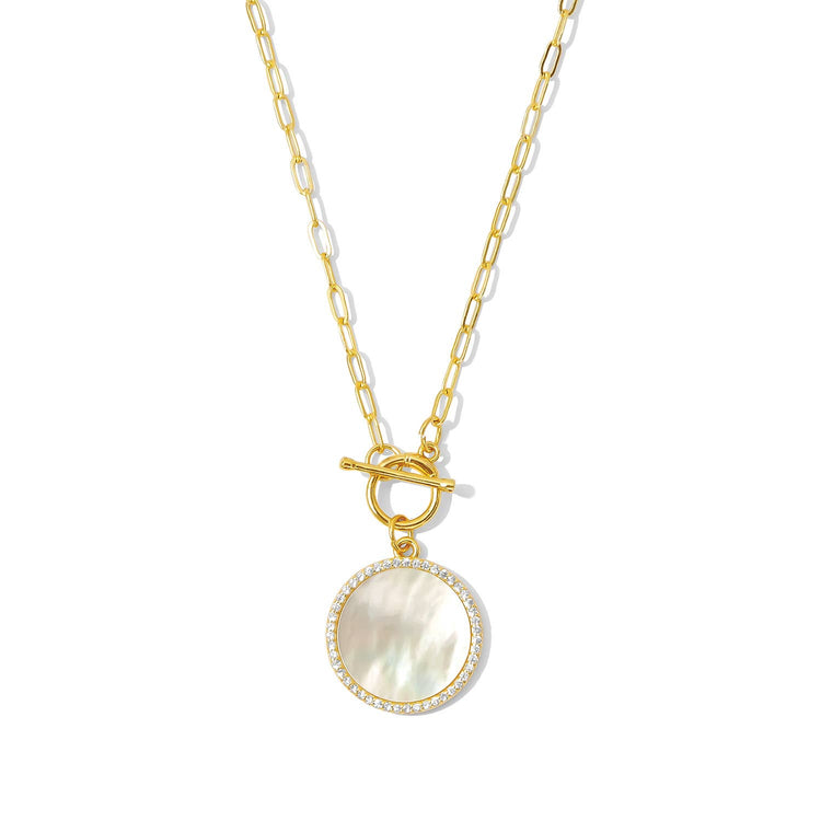 Mother of Pearl Pave Circle Toggle Necklace