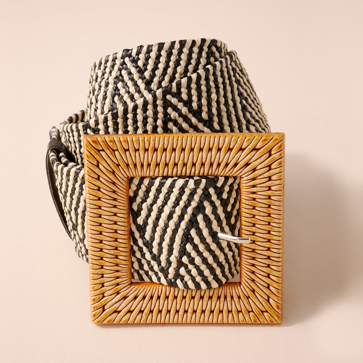 Two Tone Square Buckle Straw Belt