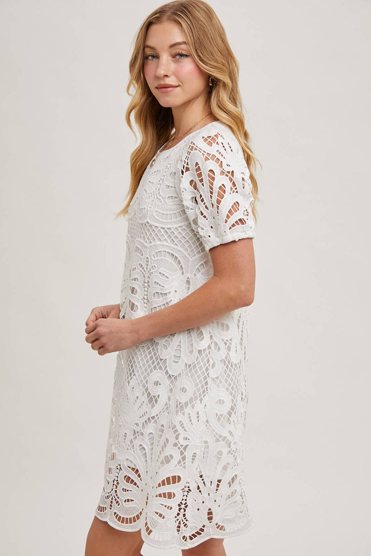 PUFF SLEEVED CROCHET DRESS WITH LINING