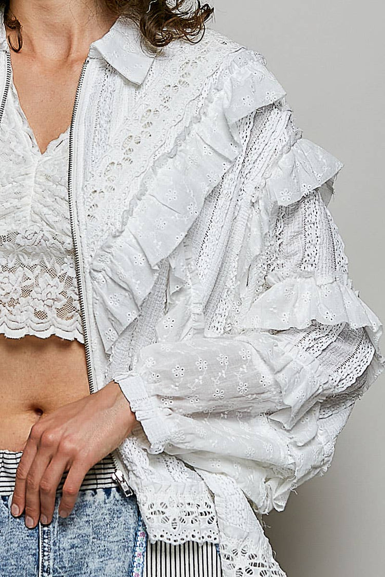 Feminine Eyelet Ruffle Floral Trim Lace Zip Front Jacket