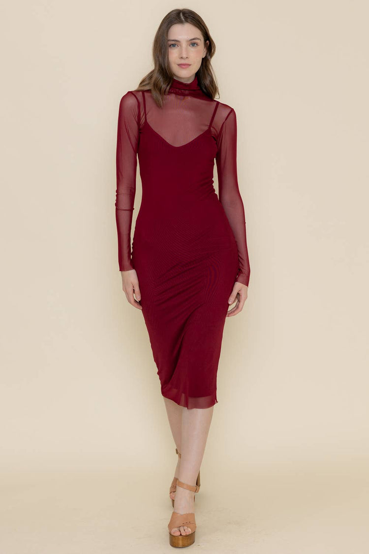 BODYCON MOCK NECK MESH LONG SLEEVE MIDI DRESS