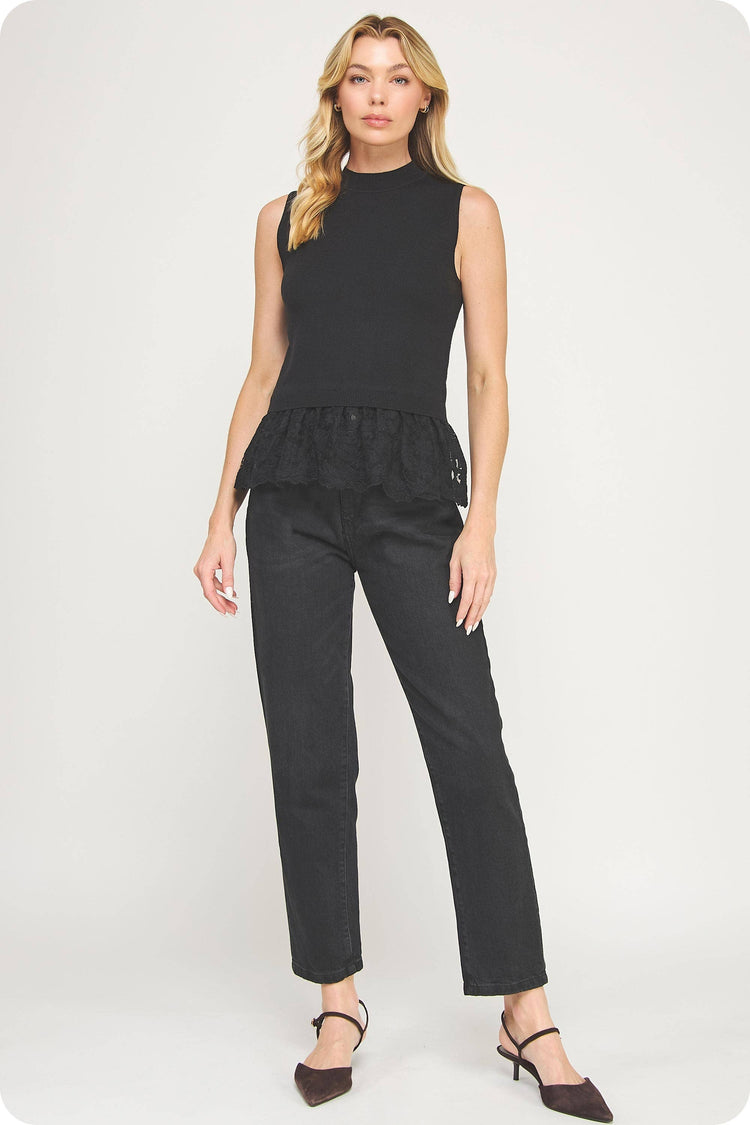 Lace Contrast Mock Neck Sleeveless Knit Top