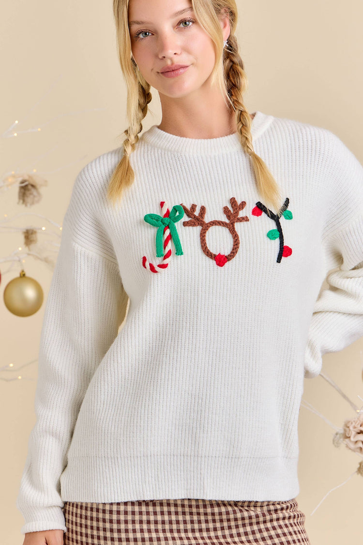Christmas Joy Embroidered 3D Yarn Sweater Knit Top