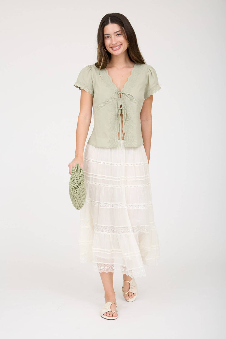 SCALLOPED EMBROIDERED FRONT TIE LACE TRIM TOP