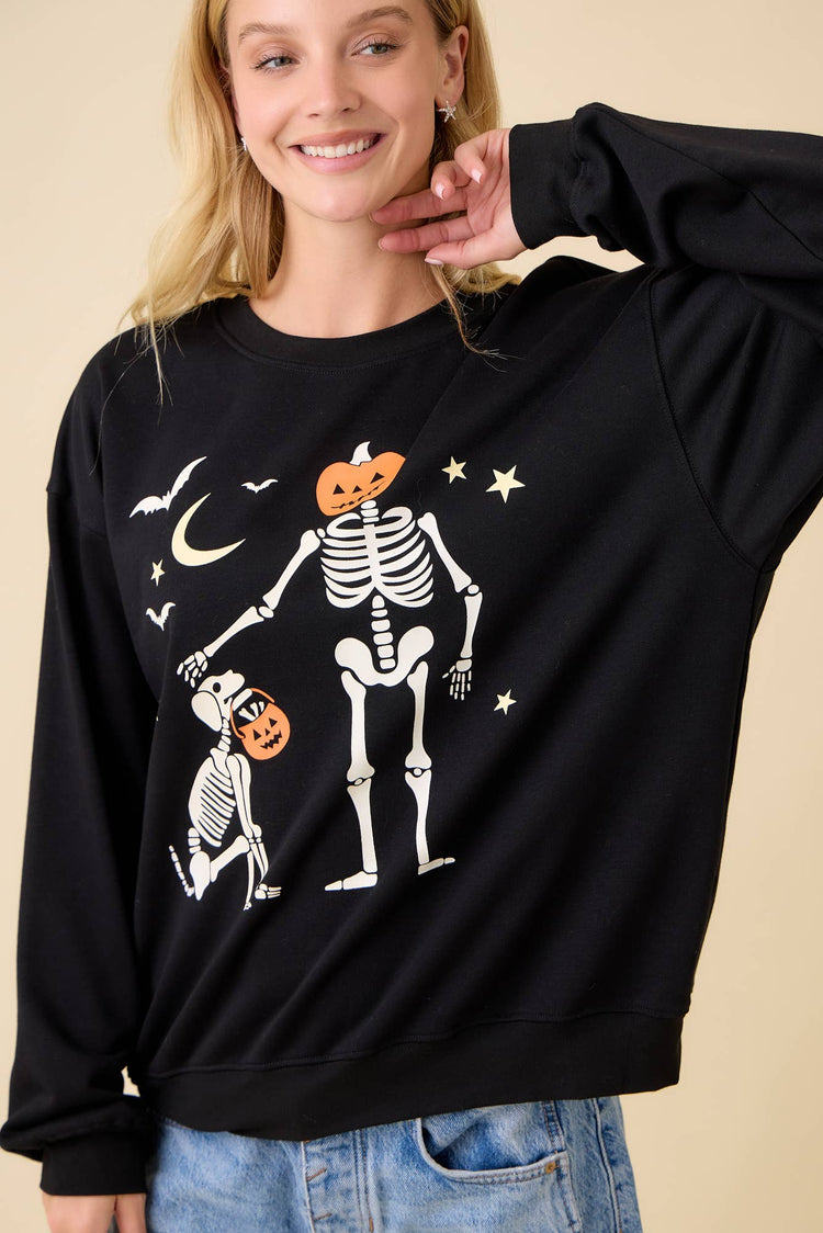 Halloween Pumpkin Skeleton Printed Graphic Crewneck