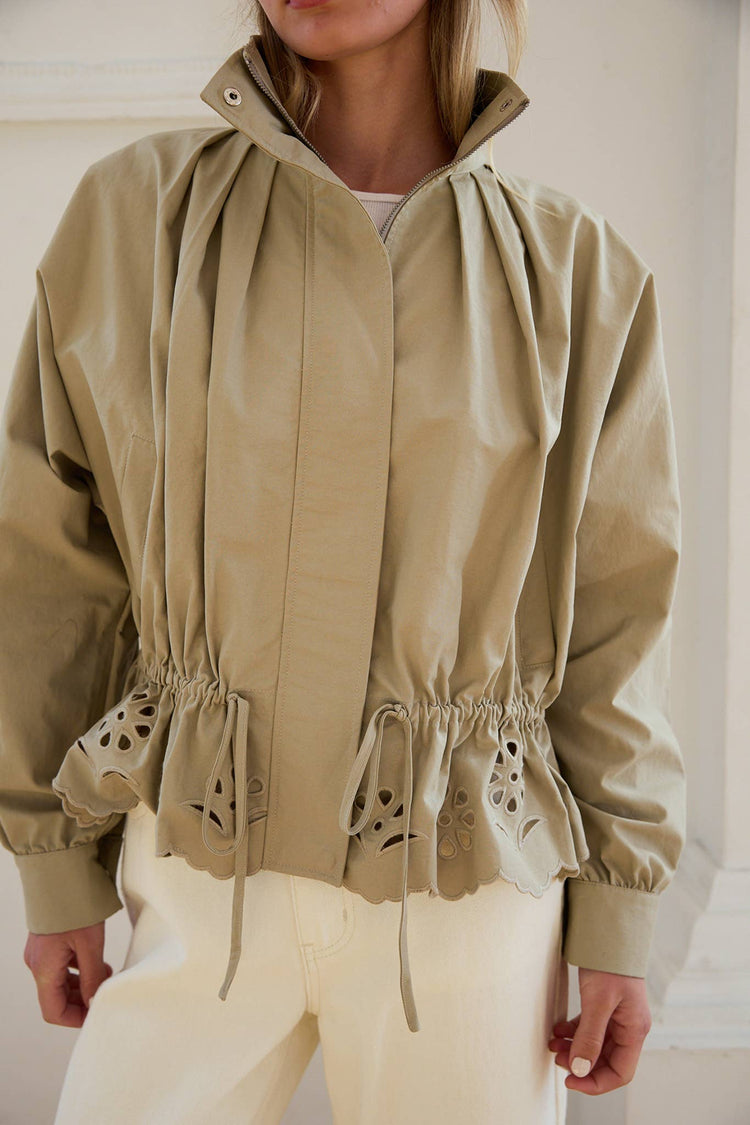 Pleated High-Neck Eyelet Scallop Jacket