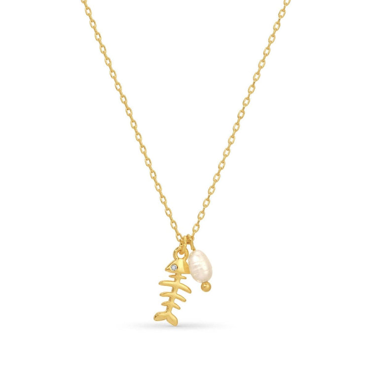 Fish Bone Pendant Necklace with Freshwater Pearl