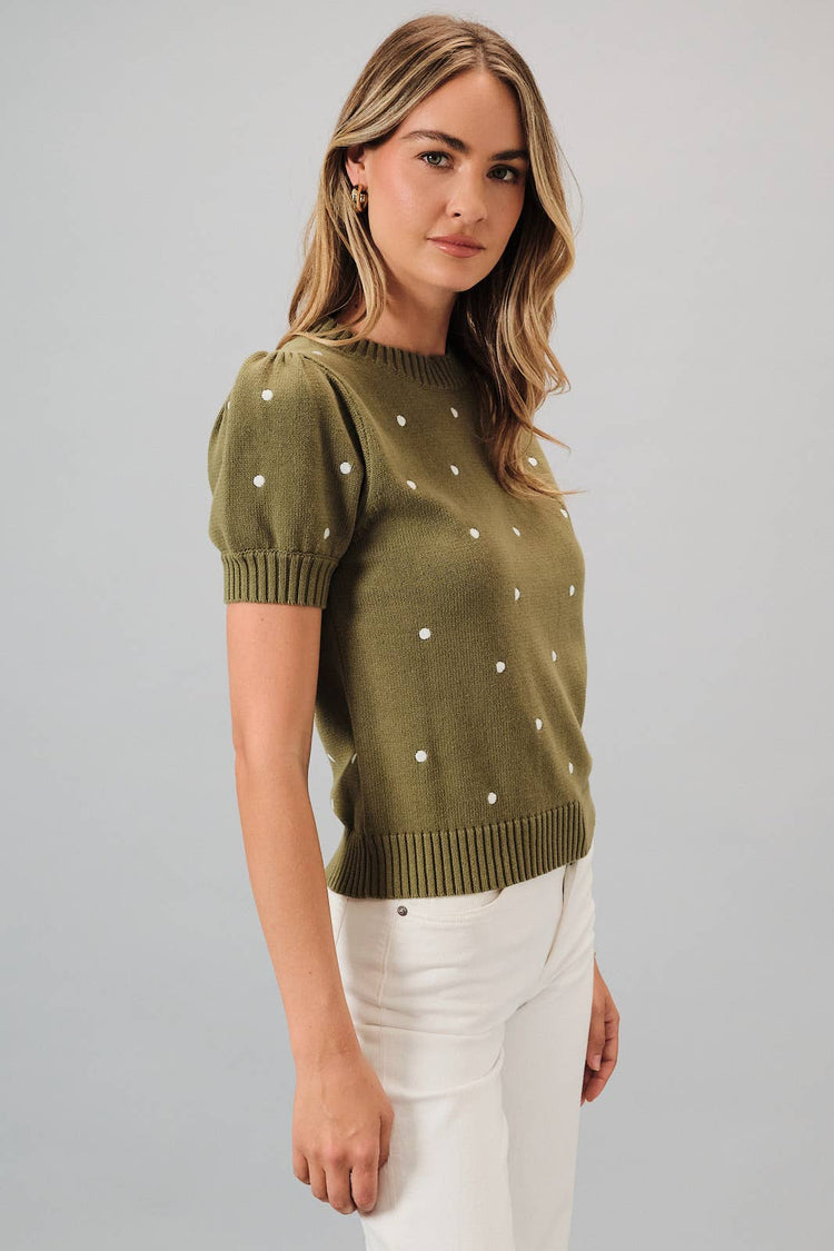 Embroidered Polka Dot Short Puff Sleeve Knit Sweater