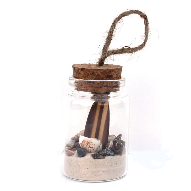 Beach Bottle Ornament - Wood Surfboard with White Sand