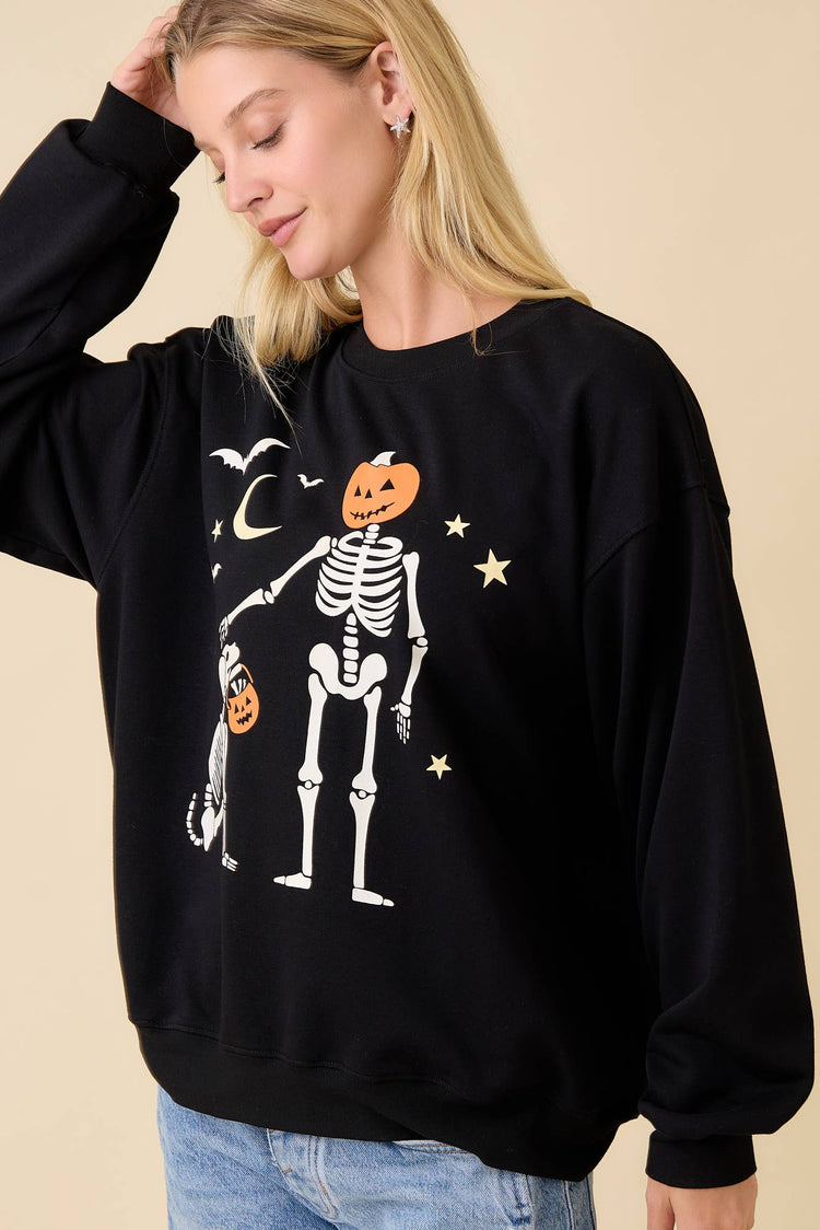 Halloween Pumpkin Skeleton Printed Graphic Crewneck