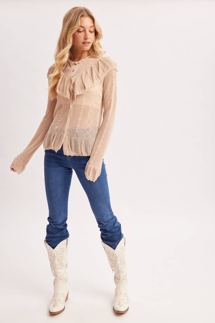 SHEER MOCK NECK BUTTON DOWN RUFFLED OPEN KNIT TOP NO LINING