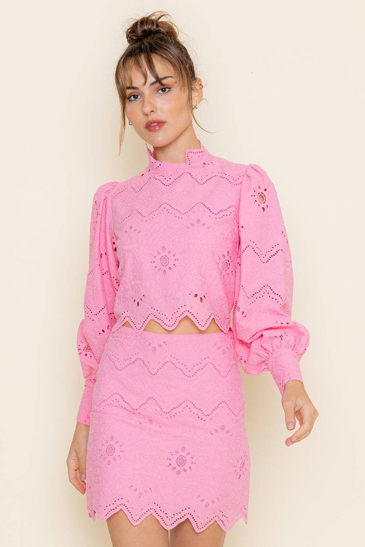 MOCK EMBROIDERED PATTERN BACK ZIP CROP TOP