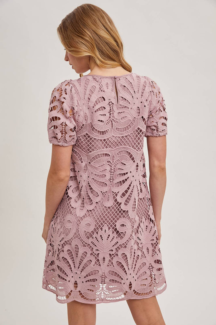 PUFF SLEEVED CROCHET DRESS WITH LINING
