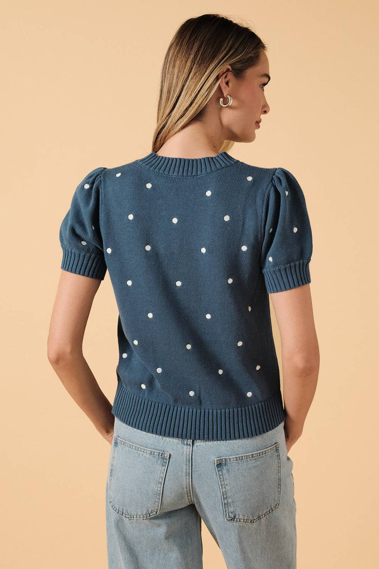 Embroidered Polka Dot Short Puff Sleeve Knit Sweater