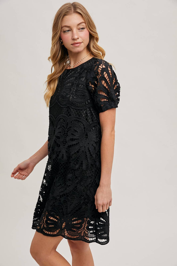 PUFF SLEEVED CROCHET DRESS WITH LINING
