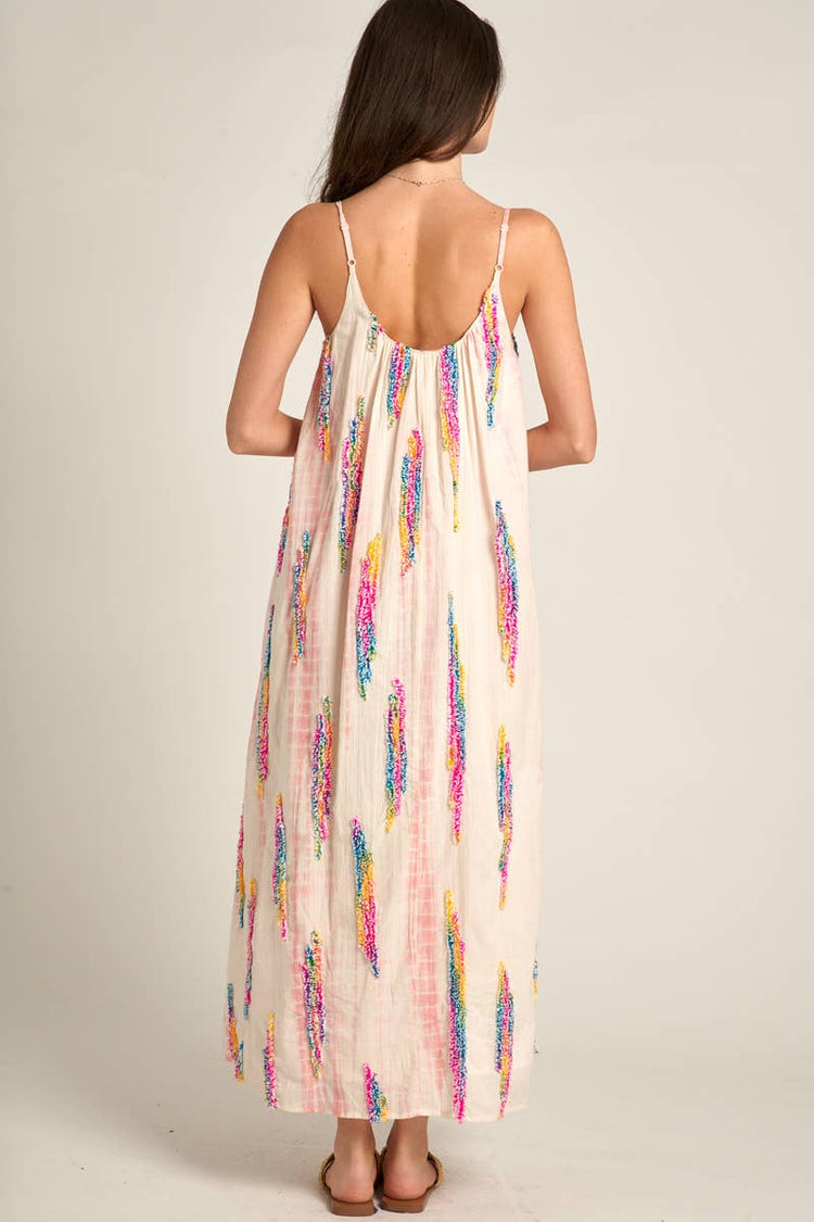 Multicolor Tie-Dye Embroidered Cami Maxi Dress