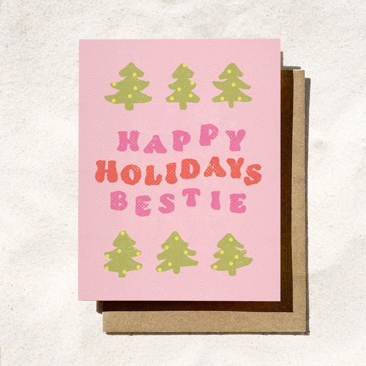 Happy Holidays Bestie Greeting Card | Pink Christmas Card