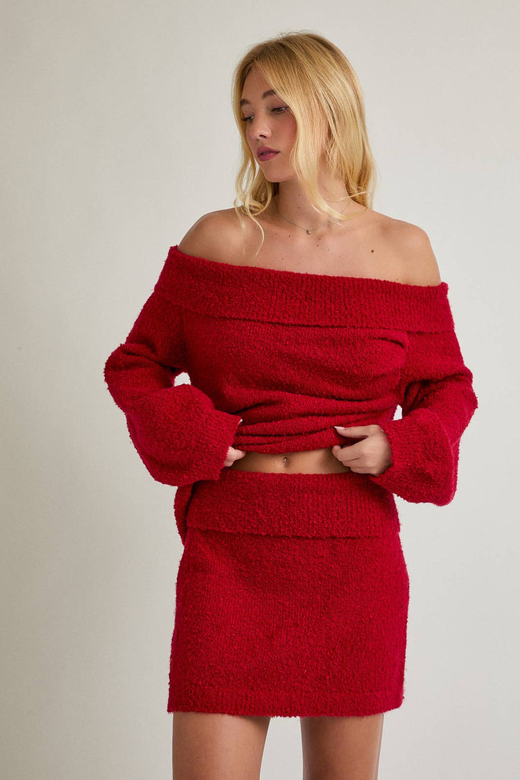 OFF SHOULDER ASYMMETRICAL TEXTURE SWEATER & MINI SKIRT