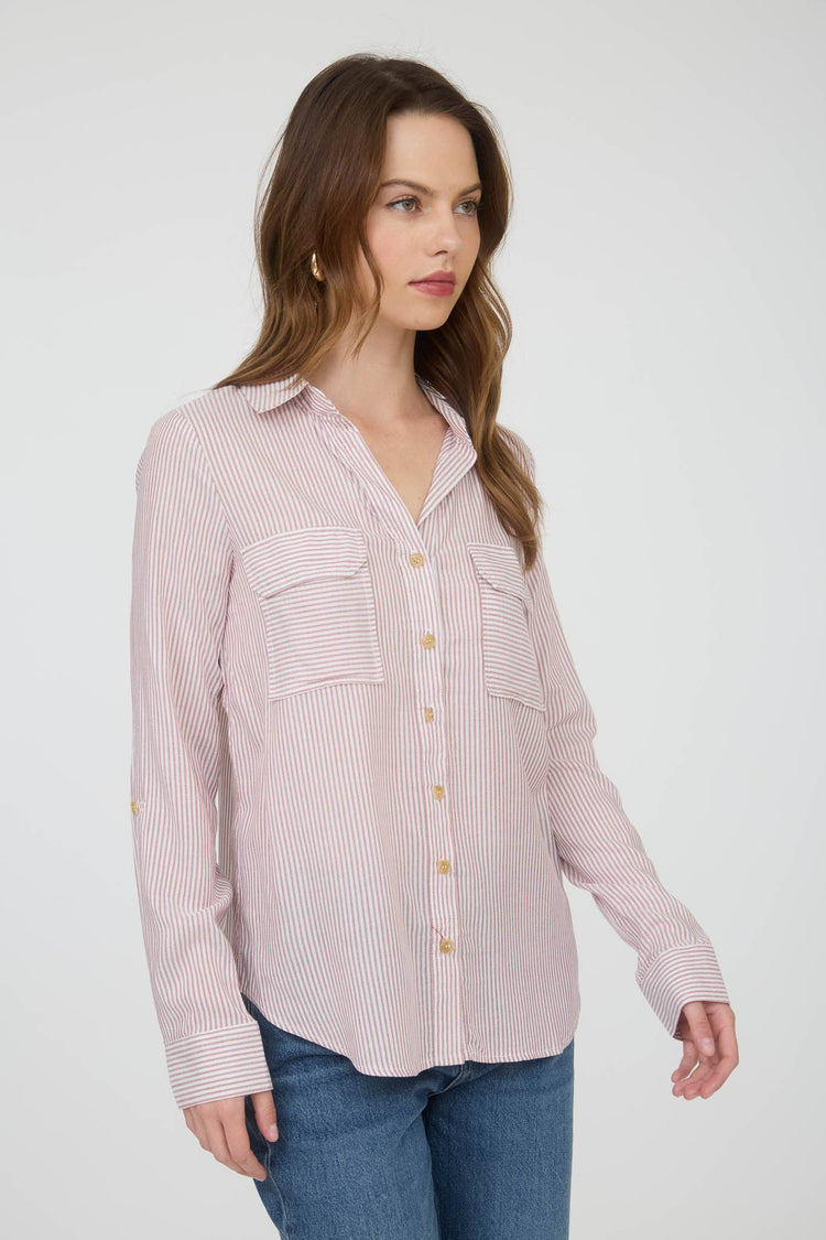 STRIPED COLLARED BUTTON DOWN WITH POCKETS