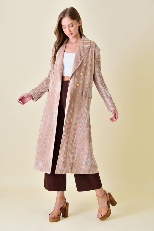 CHIC DOUBLE BREASTED WRINKLED VELVET LONG COAT