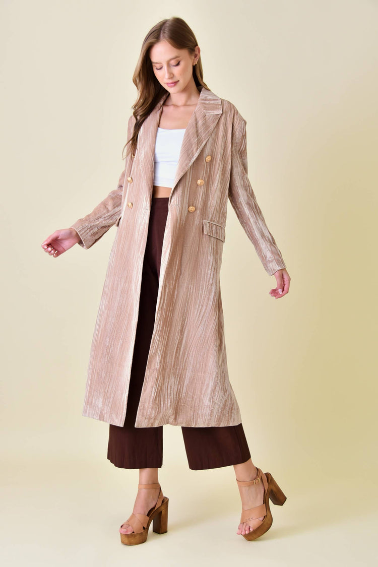 CHIC DOUBLE BREASTED WRINKLED VELVET LONG COAT
