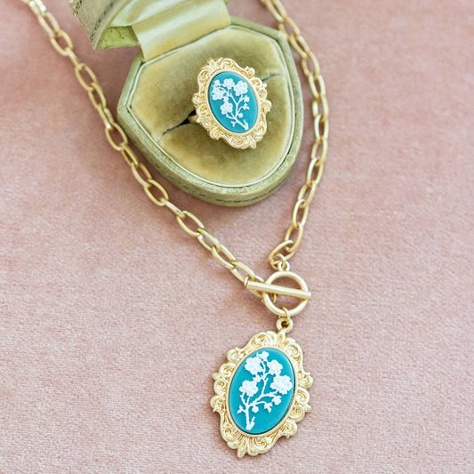 Floral Cameo Pendant T-Bar Necklace in Wedgwood Blue