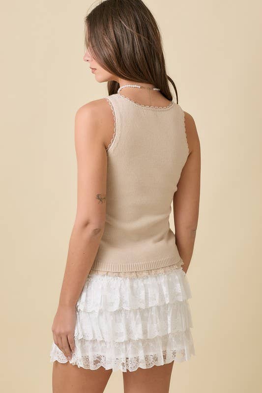 Bow And Heart Pointelle Sweater Knit Tank Top