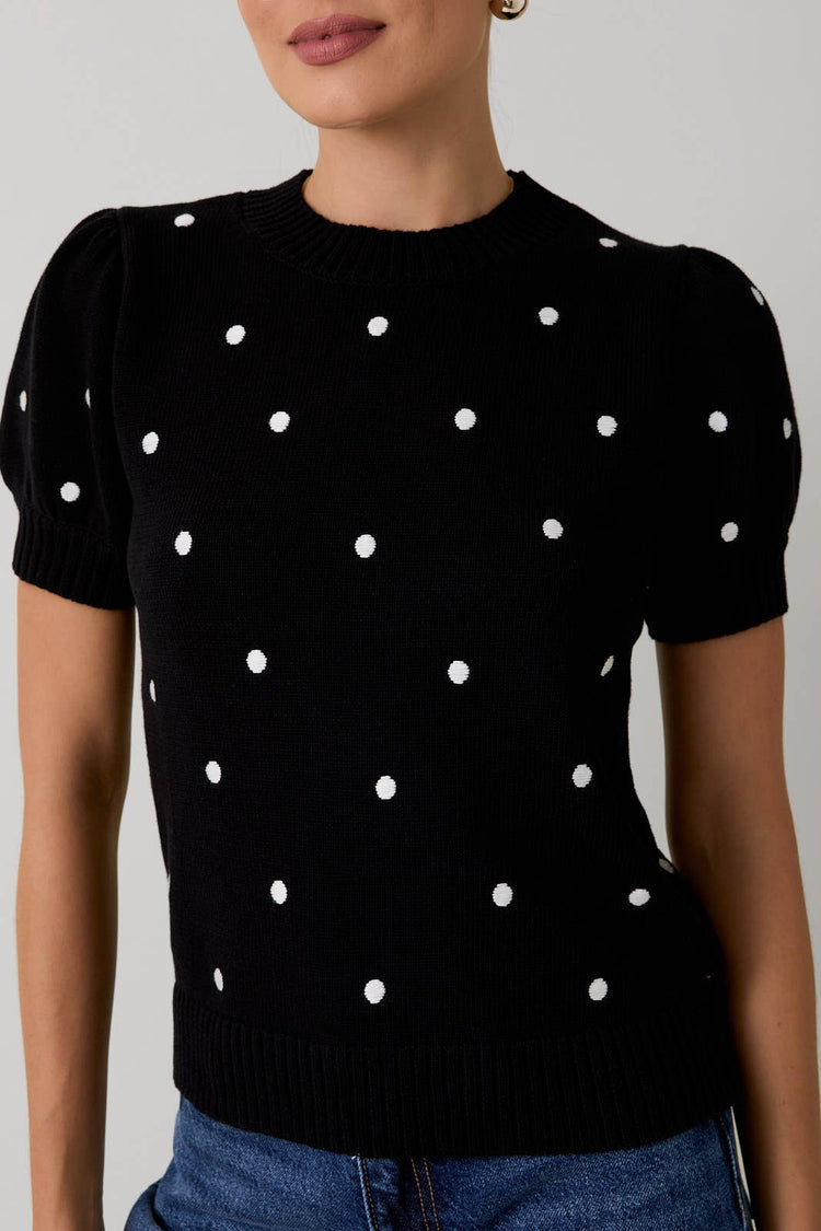 Embroidered Polka Dot Short Puff Sleeve Knit Sweater