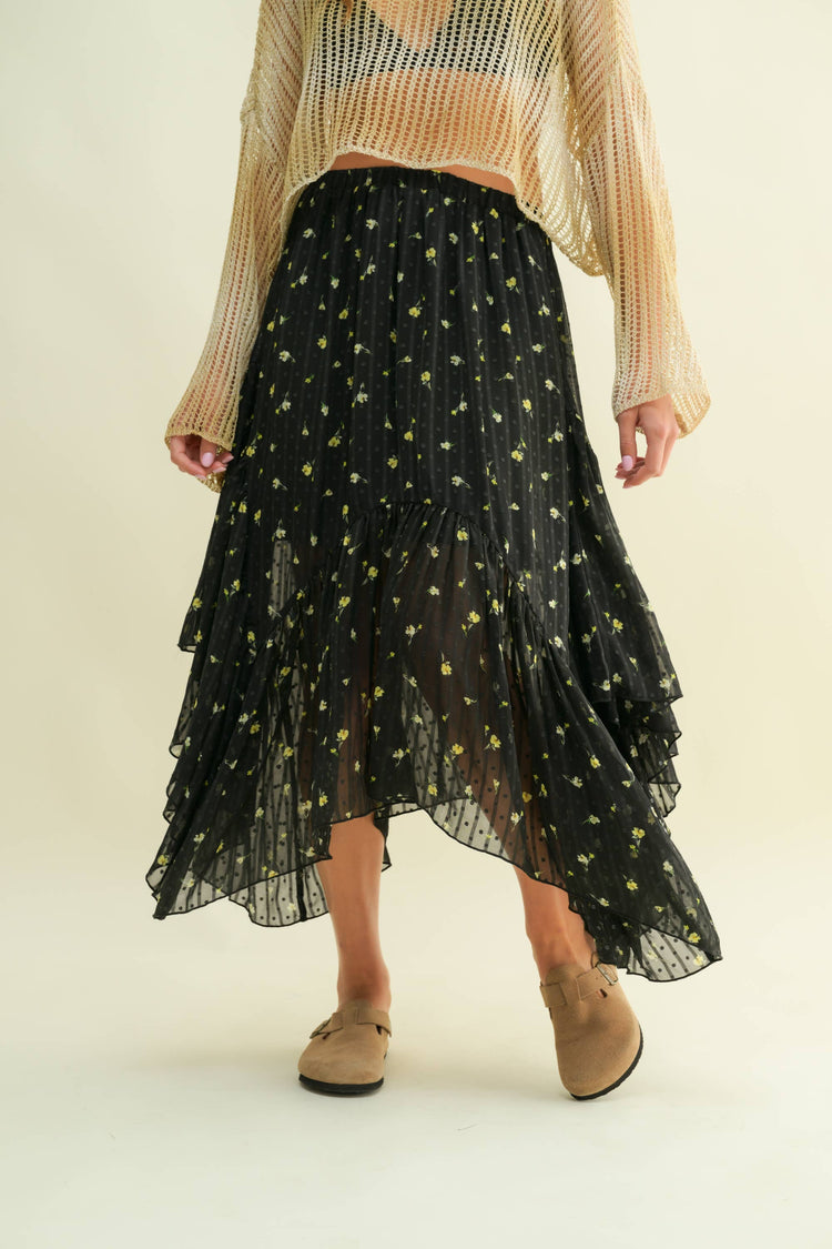 FLORAL LAYERED MIDI SKIRT