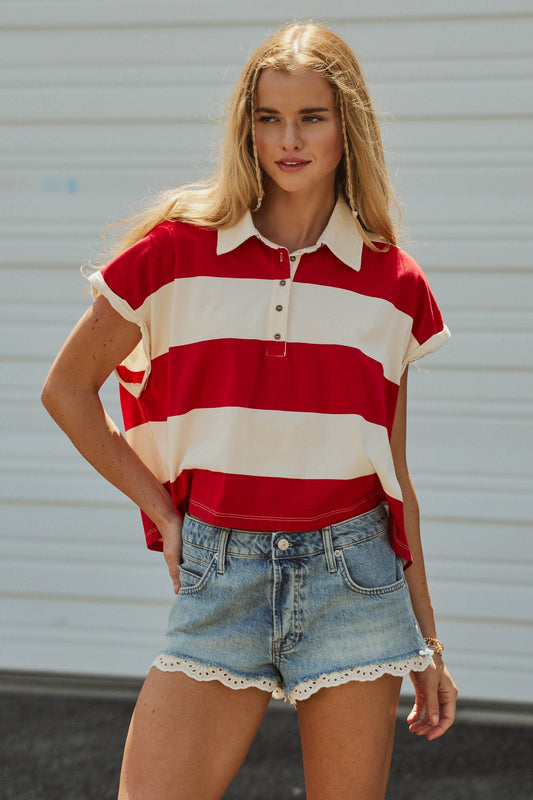 Bold Striped Dolman Sleeve Polo Shirt