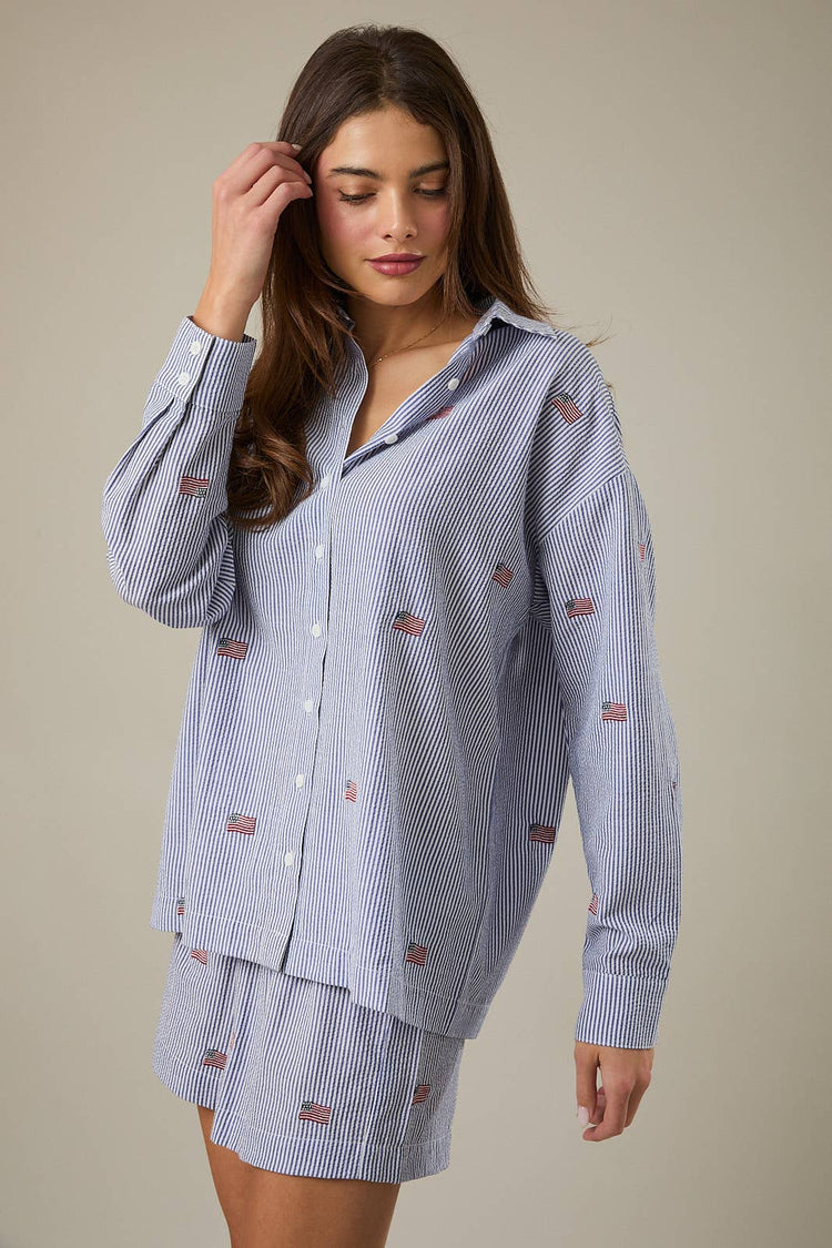 STRIPE FLAG EMBRO OVERSIZED BUTTON DOWN SHIRT
