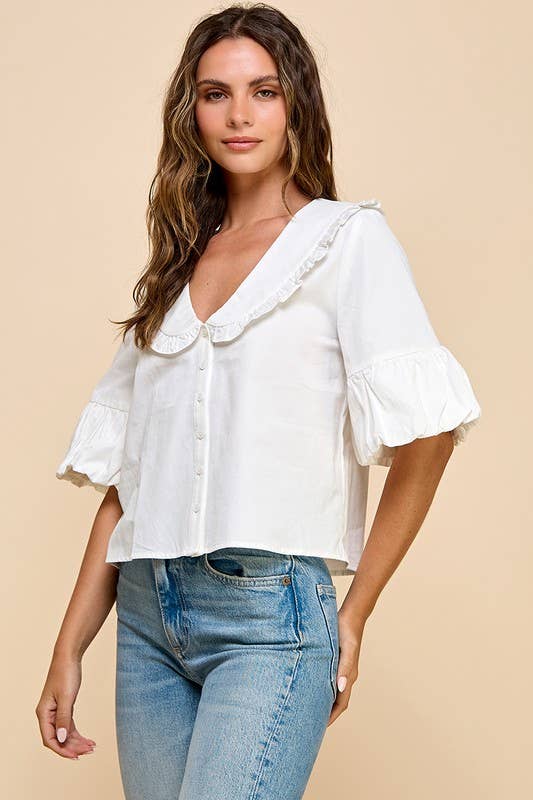 V Collared Neck Button Down Top