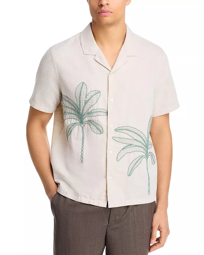 Cream and Green Palm Embroidered Resort Shirt