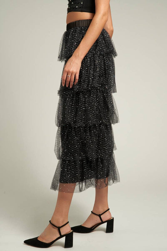 Tiered Tulle Glitter Midi Skirt