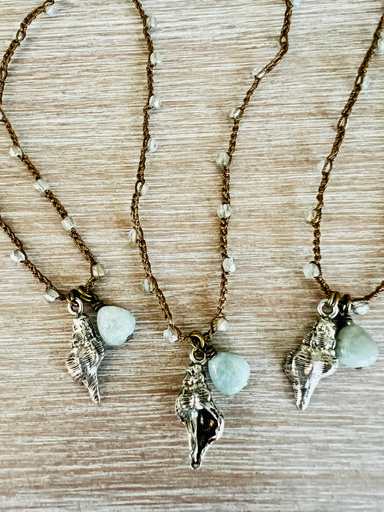 Ocean Treasure Conch Seaside Charm Necklace With Aquamarine