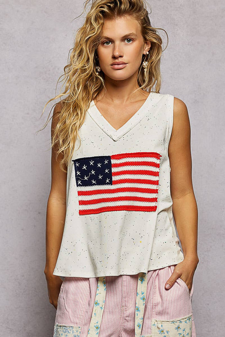 Handmade American Flag Patch Rib V-Neck Sleeveless Top