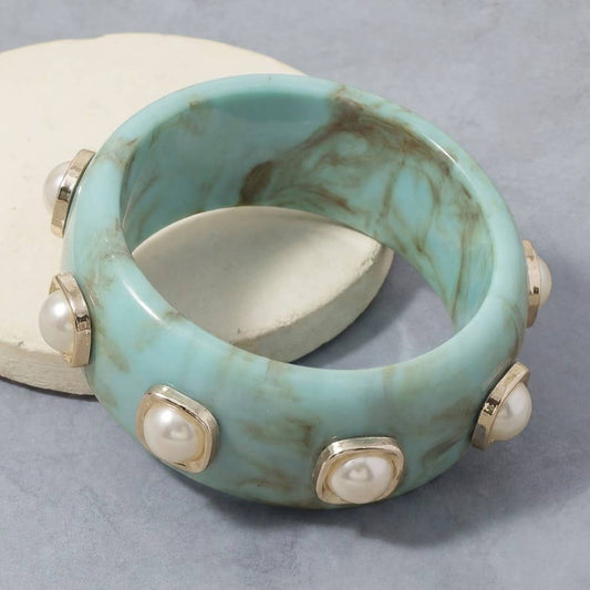 Turquoise Marble Resin Pearl Dome Studded Bangle Bracelet
