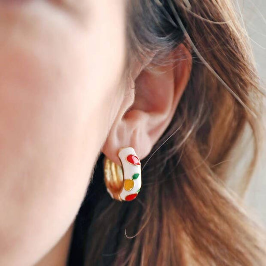 Colorful Cloisonné Fruits Hoop Earrings in Gold