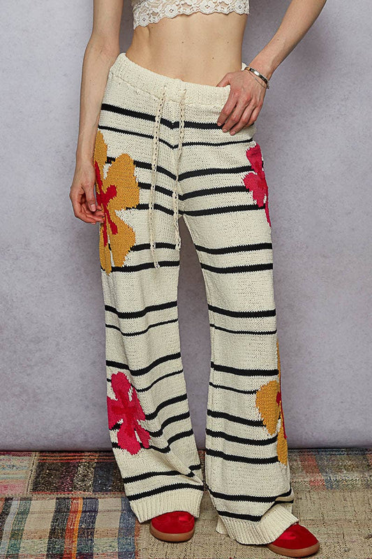 Floral pattern striped chenille sweater pants