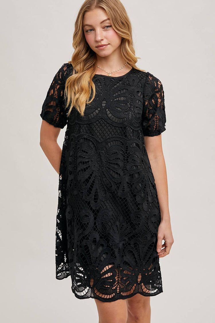 PUFF SLEEVED CROCHET DRESS WITH LINING