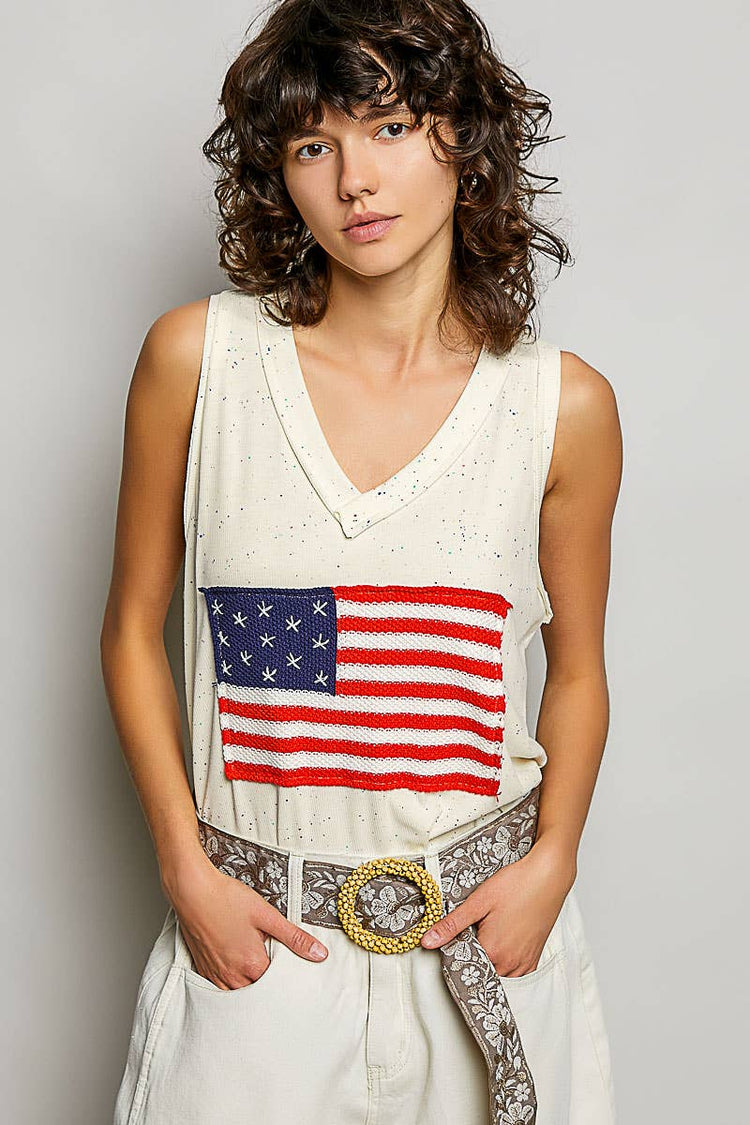 Handmade American Flag Patch Rib V-Neck Sleeveless Top