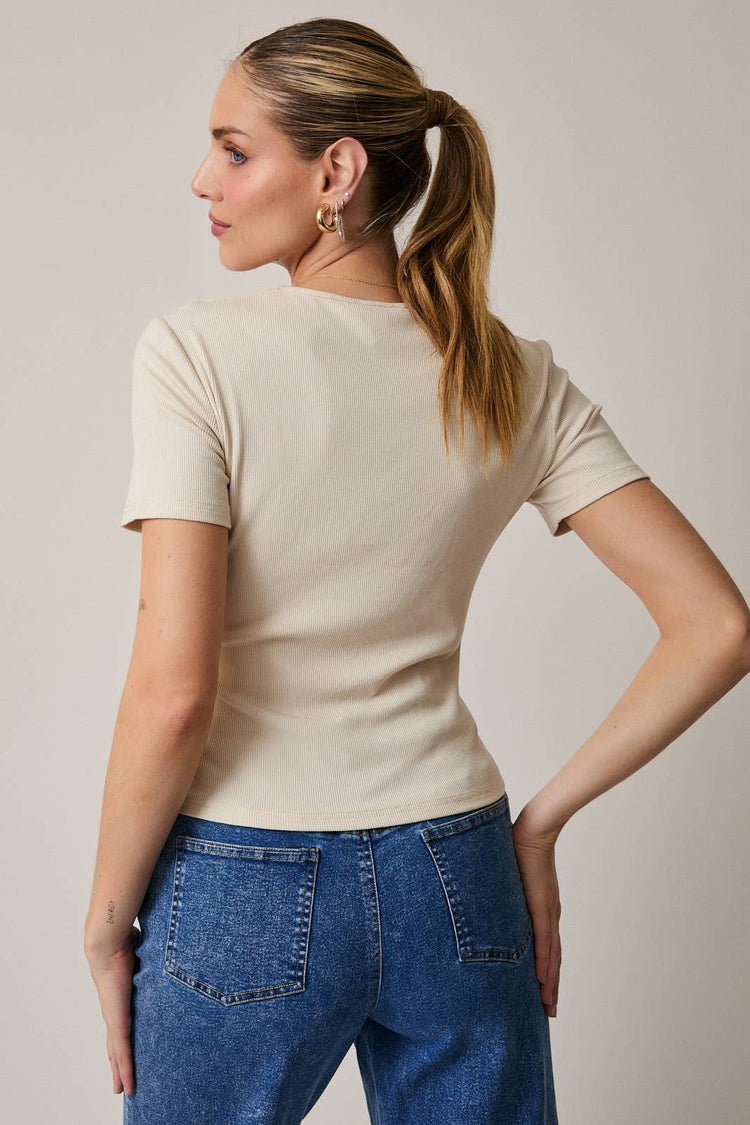 ROUND NECK HALF SLEEVE MARTINI BEADS RIB TOP