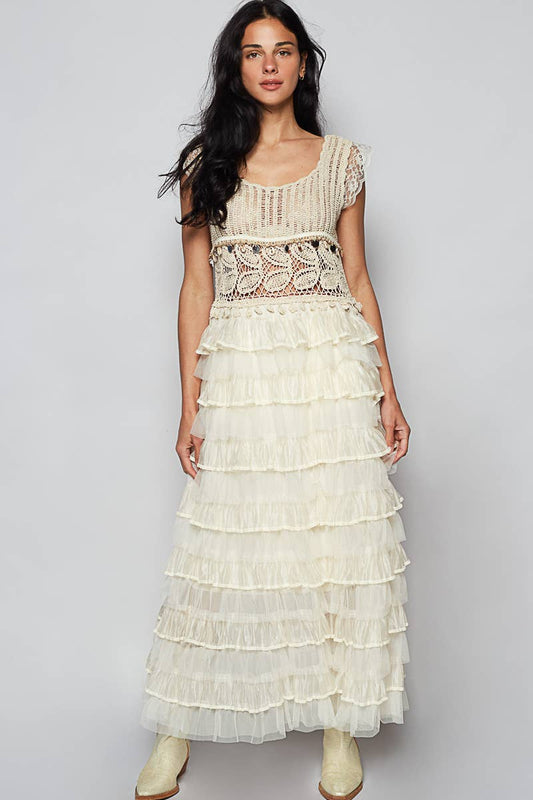 Round neck sleeveless crochet ruffle lace dress