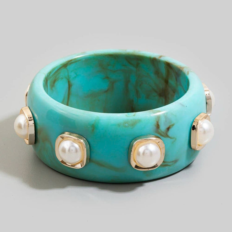 Turquoise Marble Resin Pearl Dome Studded Bangle Bracelet