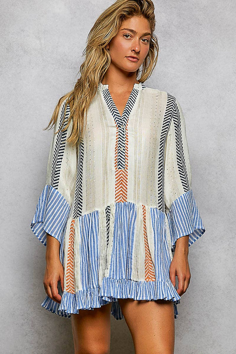 V-neck 3/4 Sleeve Printed Woven Cotton Embroidered Dress