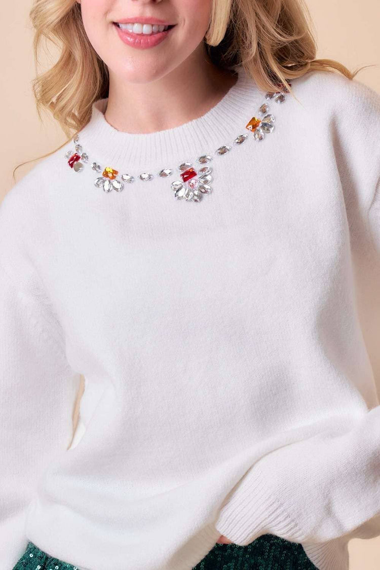 Color Stone Trim Formal Sweater