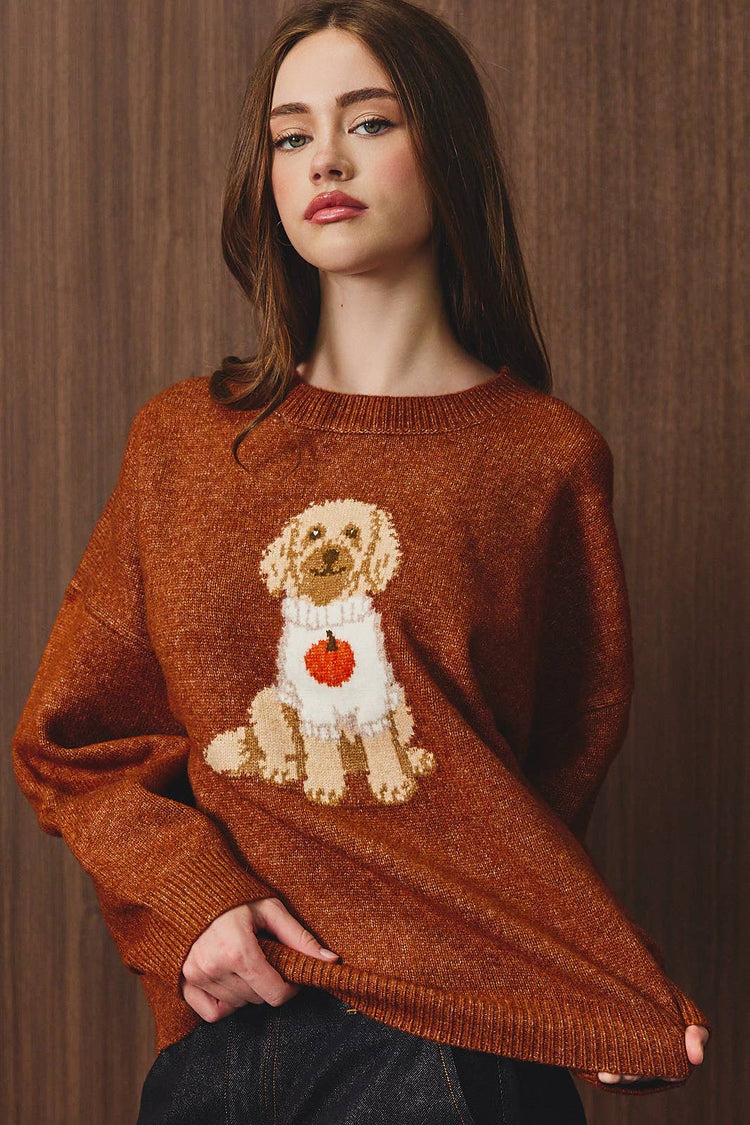 "PUMPKIN SWEATER DOODLE DOG" LONG SLEEVE CREW NECK SWEATER